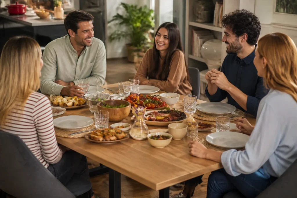 Tavolo estensibile aperto con cibo e ospiti