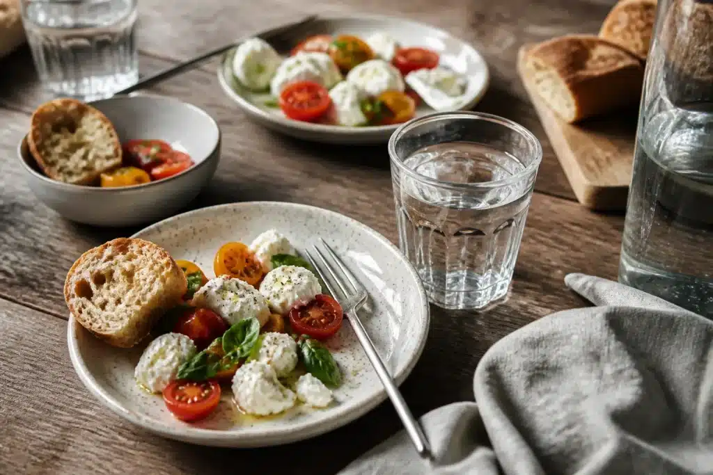 Tavolo rustico con piatti semplici e bicchieri d'acqua