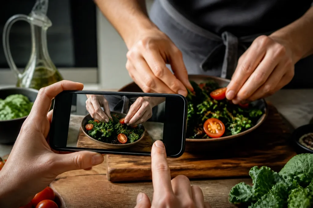 Telefono registra le mani che preparano un piatto