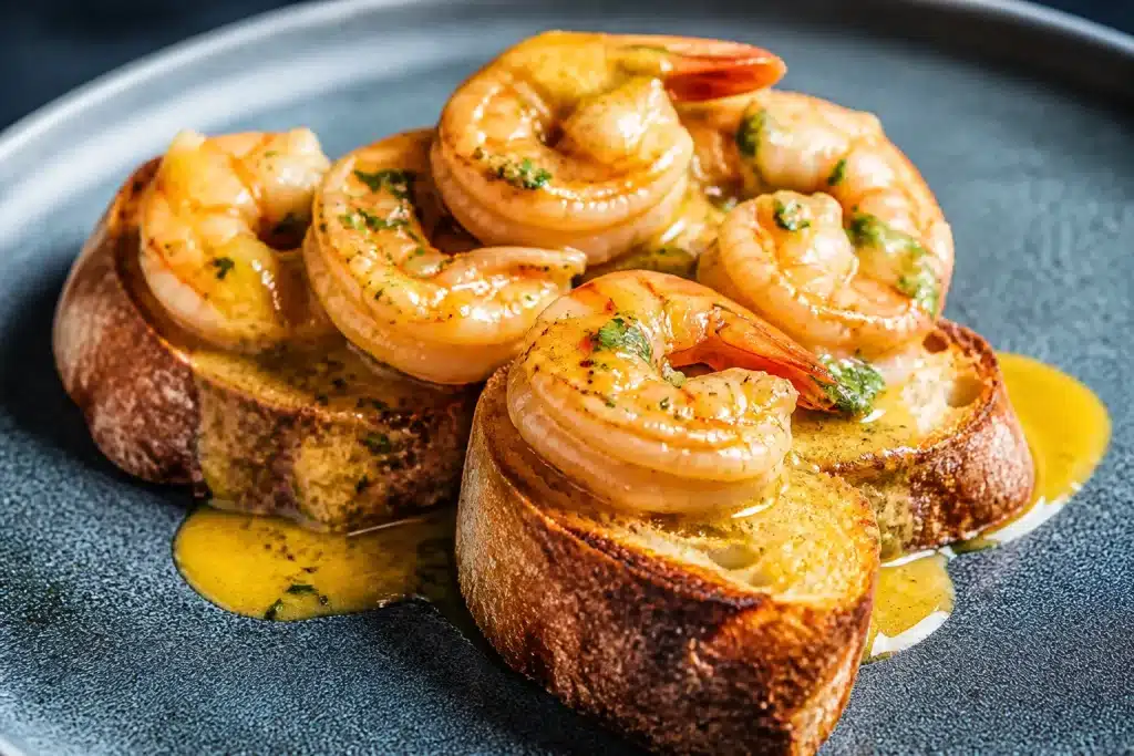 Toast croccante con gamberi caldi e salsa dorata