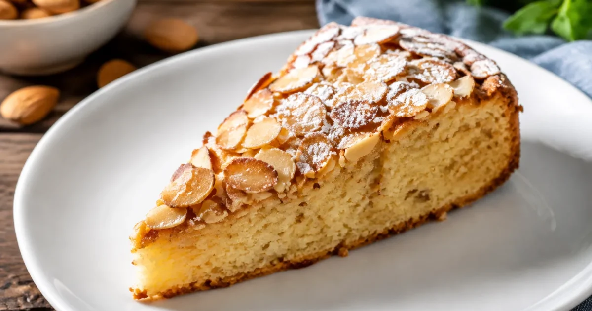 Fetta di torta alle mandorle poggiata su piatto bianco