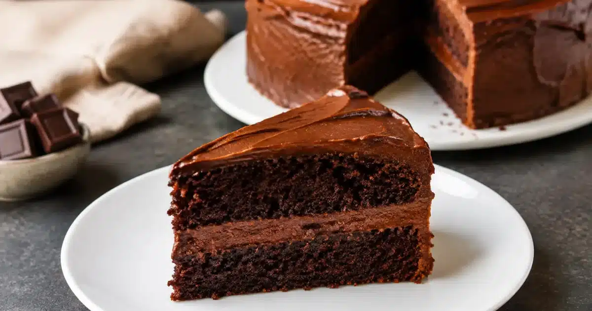 Fetta di torta al cacao su piatto bianco, intera sullo sfondo