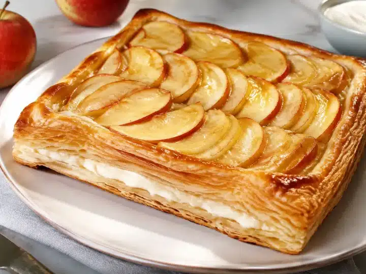 Torta stratificata con pasta sfoglia, ripieno bianco di ricotta e fette di mela disposte in superficie