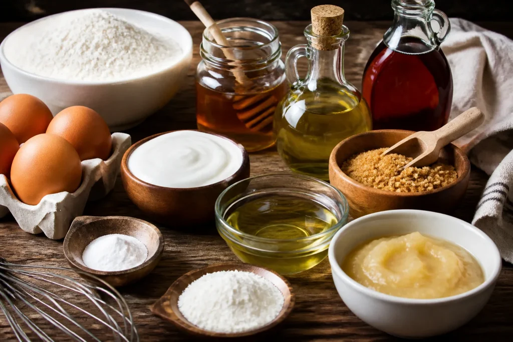 Ingredienti per torta con miele, sciroppo d'acero e oli vegetali