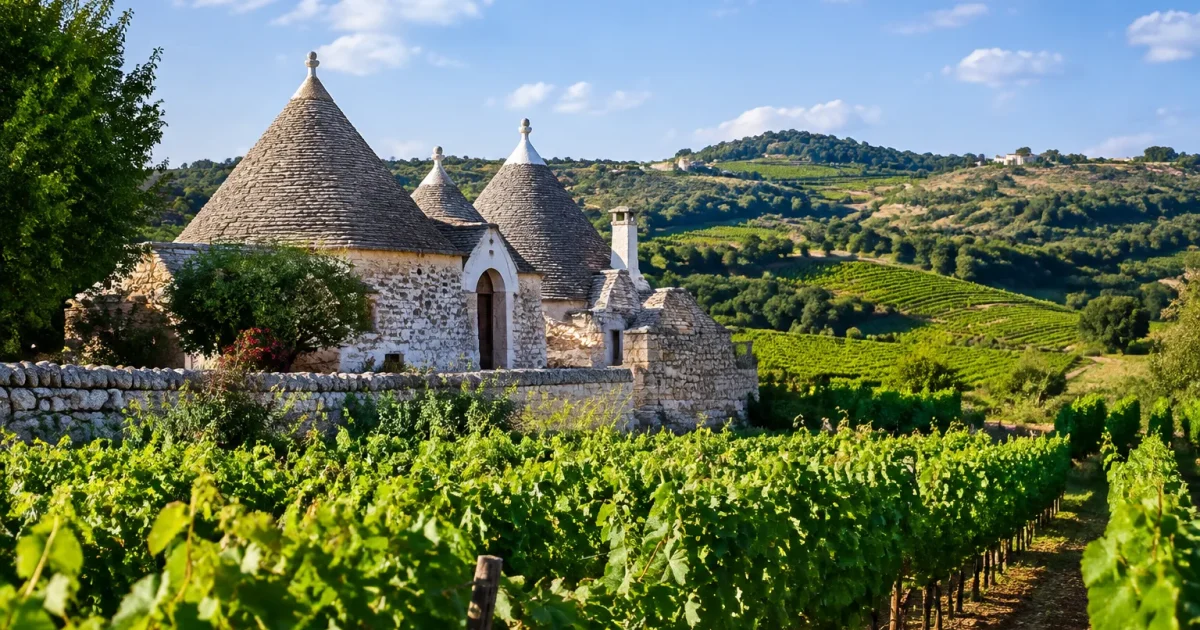 Trulli in pietra su colline coperte di viti
