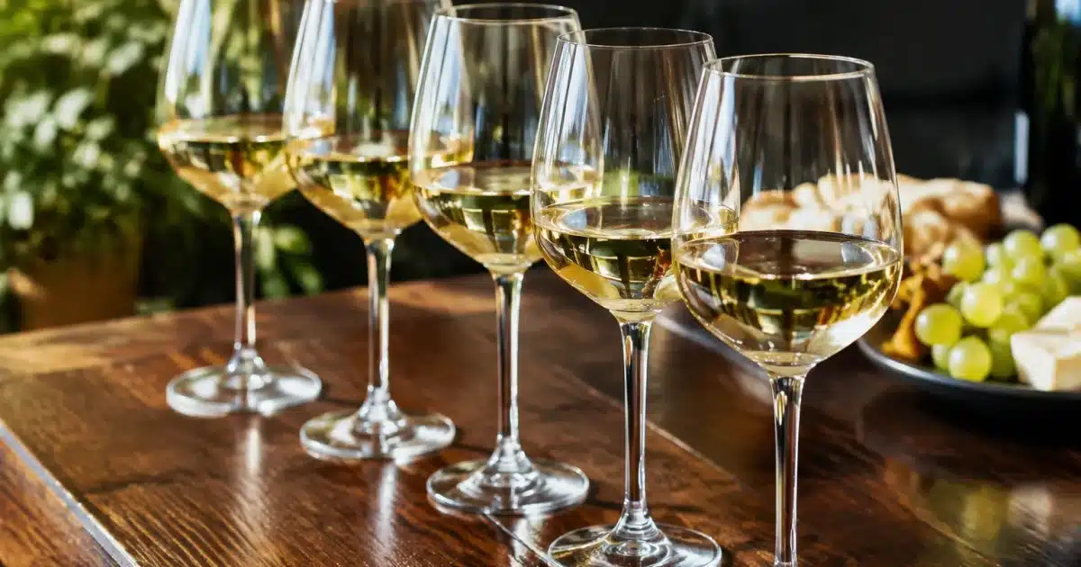 Bicchieri di vino bianco allineati su tavolo in legno scuro