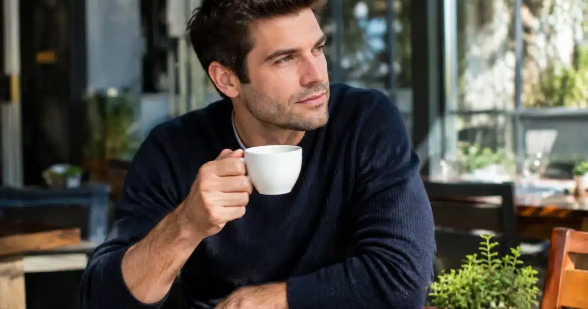 Uomo seduto al tavolo di cafeteria con tazza di caffe davanti