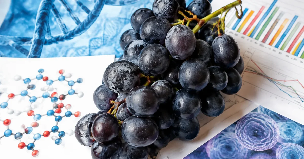 Uva nera disposta su carte grafiche scientifiche