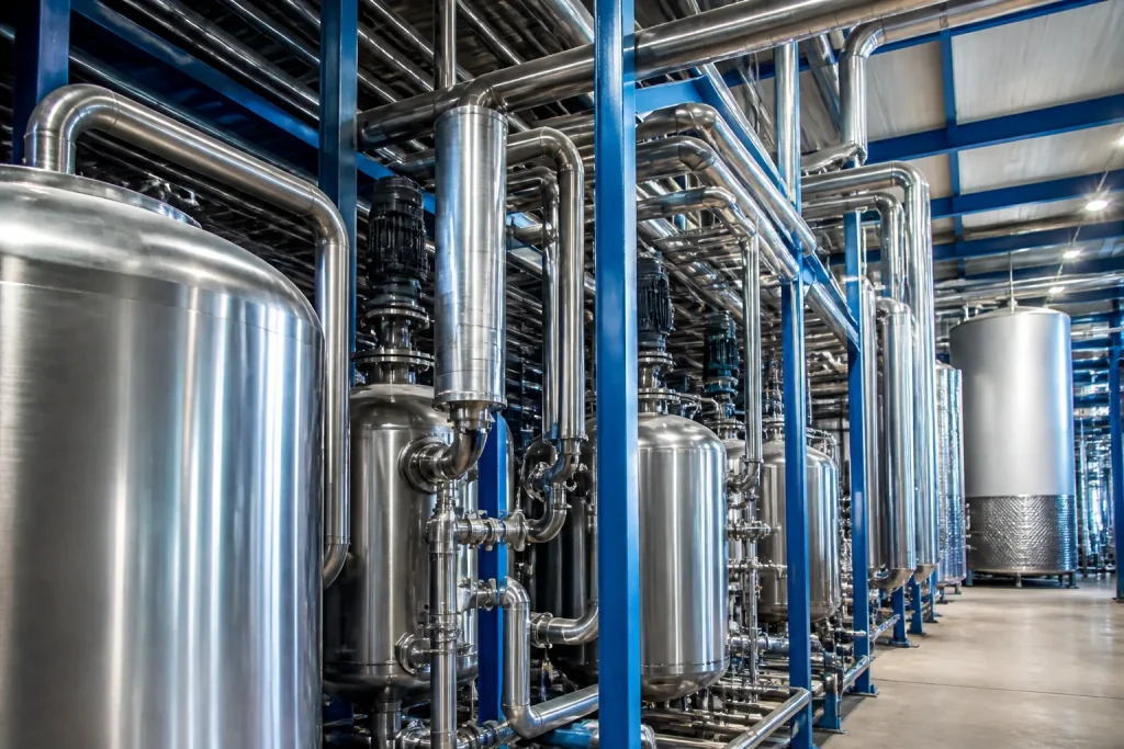 Vasche metalliche e tubi inox in stabilimento produttivo