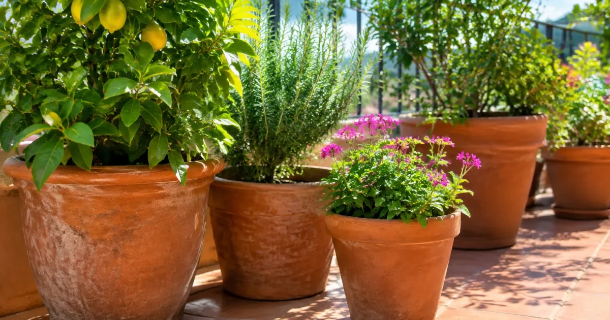 Vasi terracotta di varia misura con piante sul terrazzo