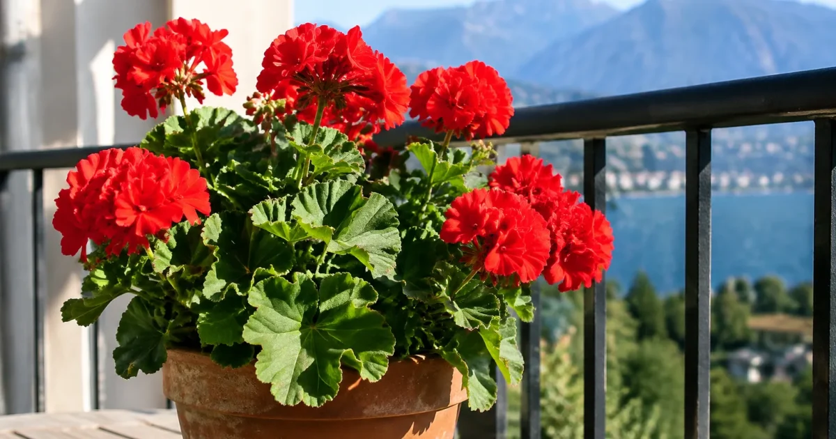 Vaso di fiori rossi posizionato su balcone illuminato