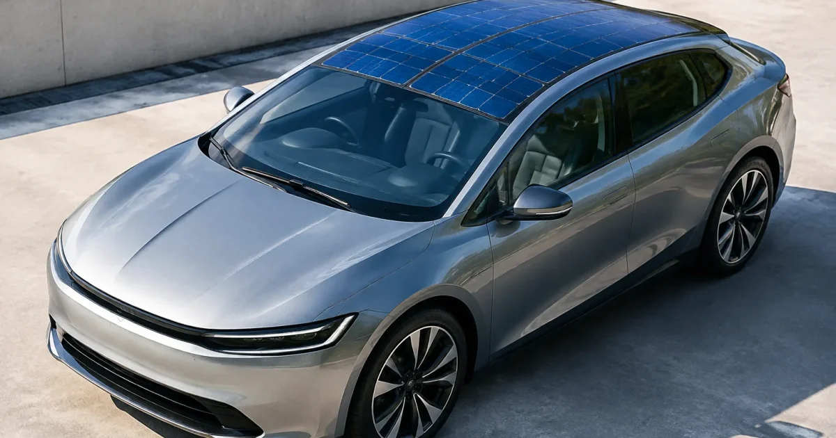 Veicolo aerodinamico con pannelli fotovoltaici blu integrati nel tetto