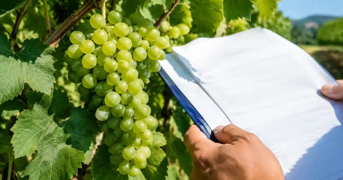 Grappoli d'uva verde su vite con regolamento europeo documento