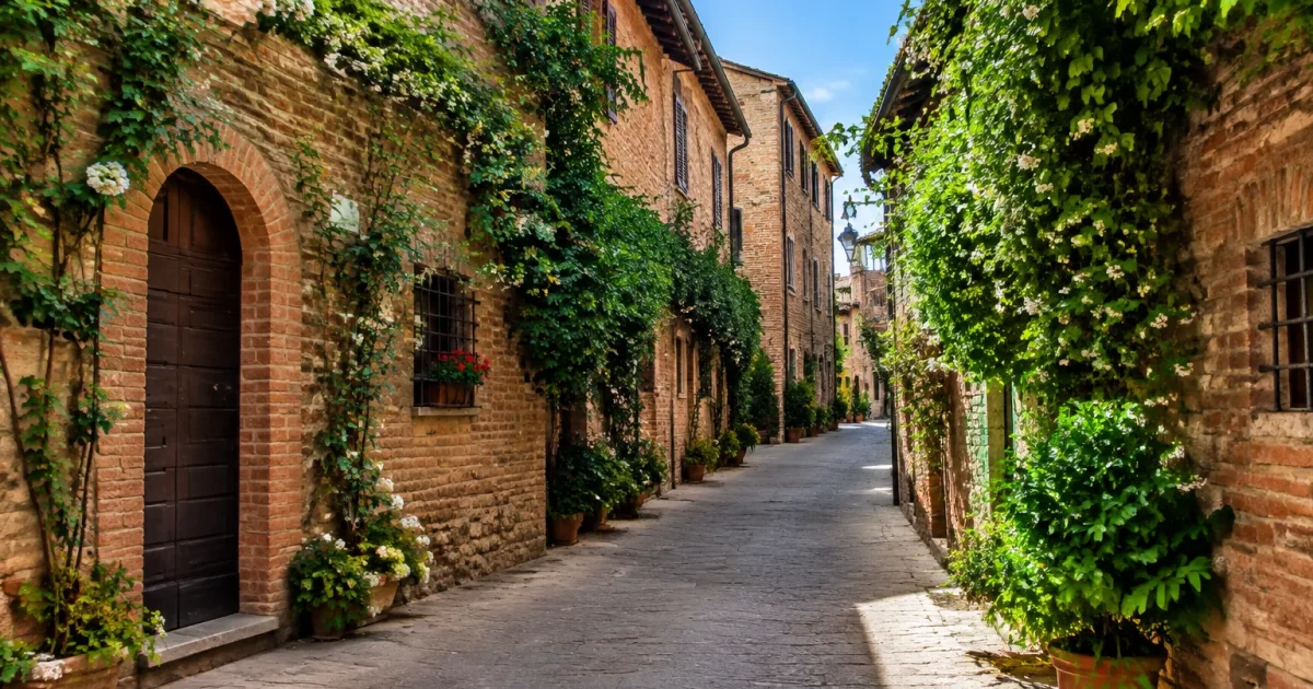 Via medievale con edifici in laterizio e piante rampicanti