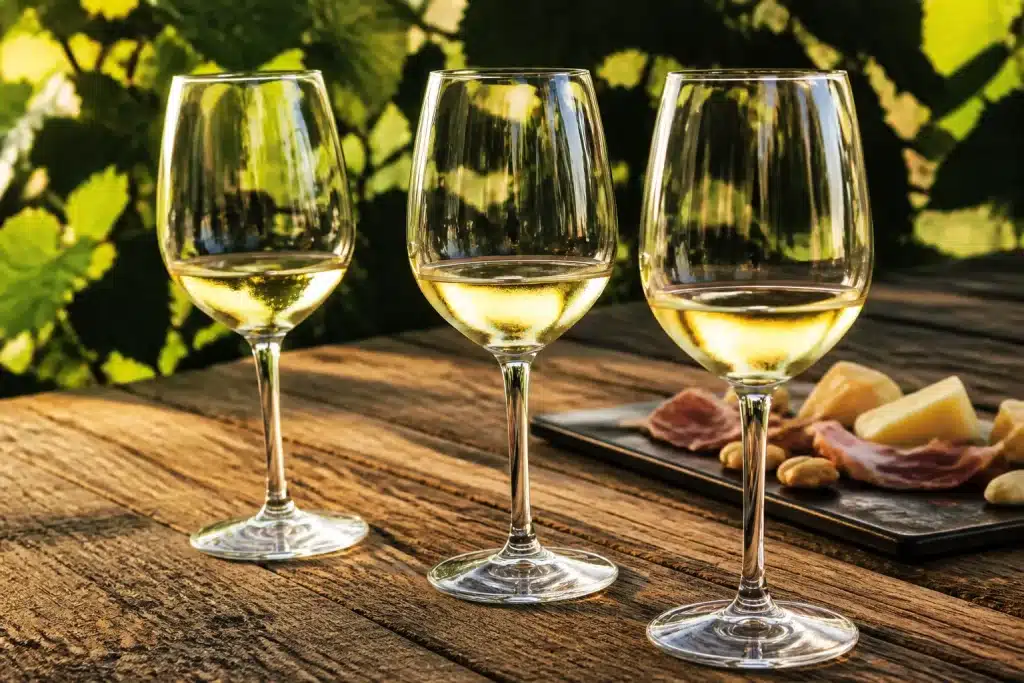 Bicchieri di vino bianco umbro in degustazione su tavolo rustico