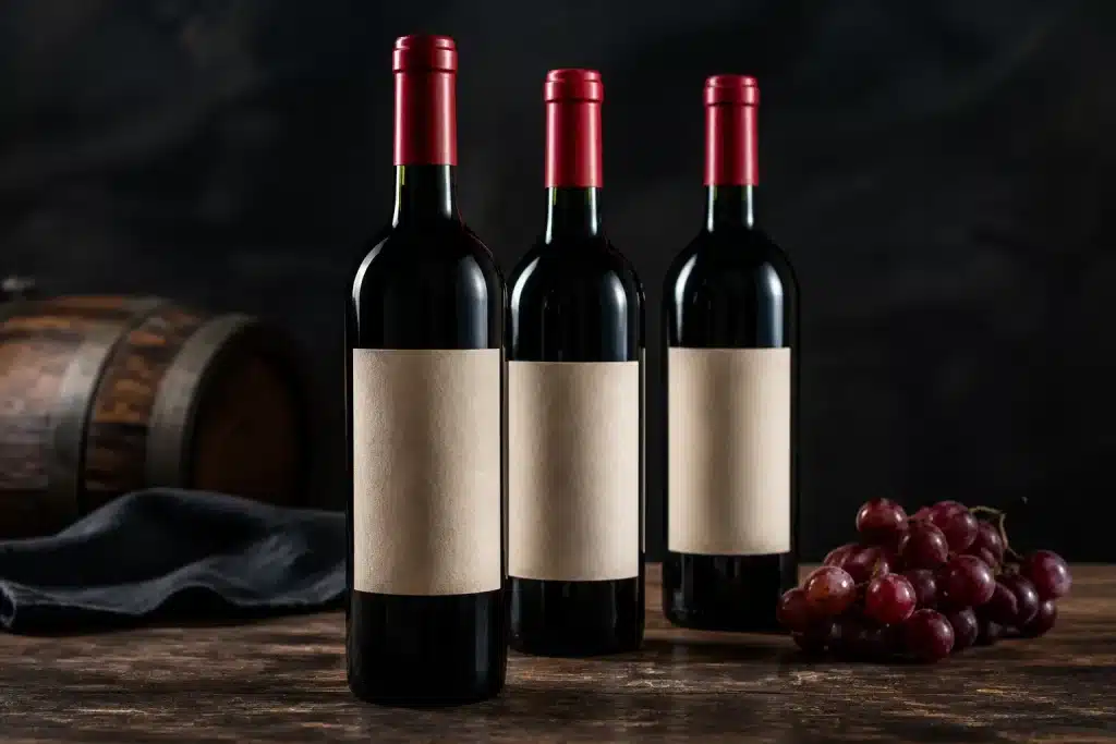 Bottiglie di vino rosso con etichette su tavolo scuro
