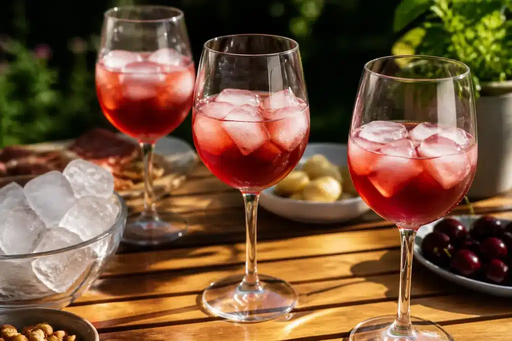Bicchieri vino rosso chiaro ghiaccio tavolo estate