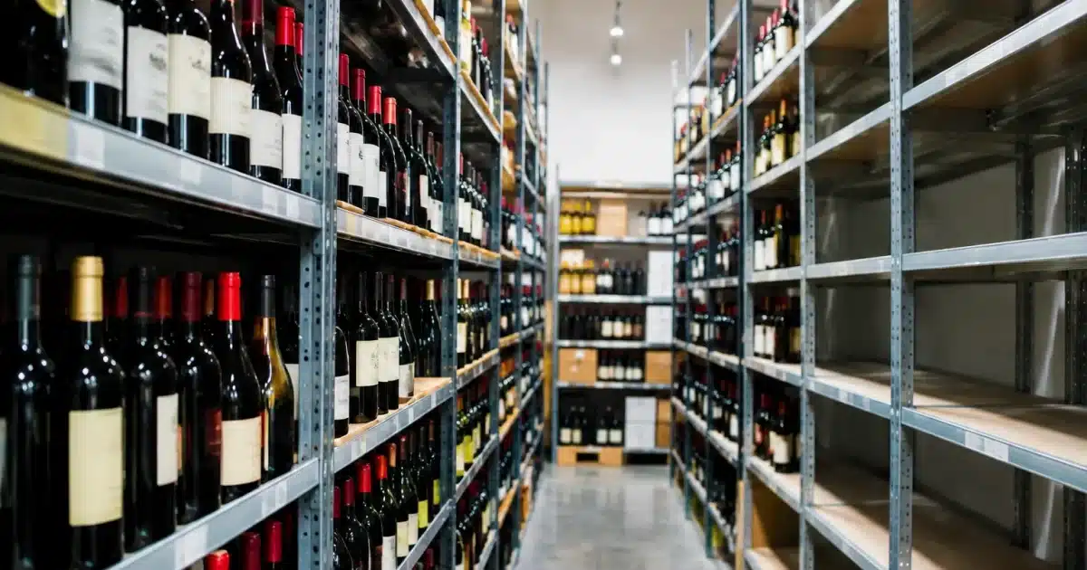 Bottiglie di vino disposte su scaffali in magazzino pieno e vuoto