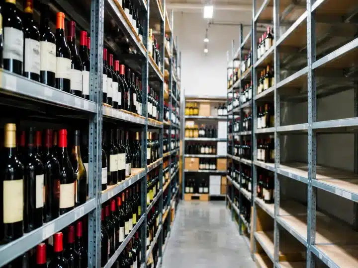 Bottiglie di vino disposte su scaffali in magazzino pieno e vuoto
