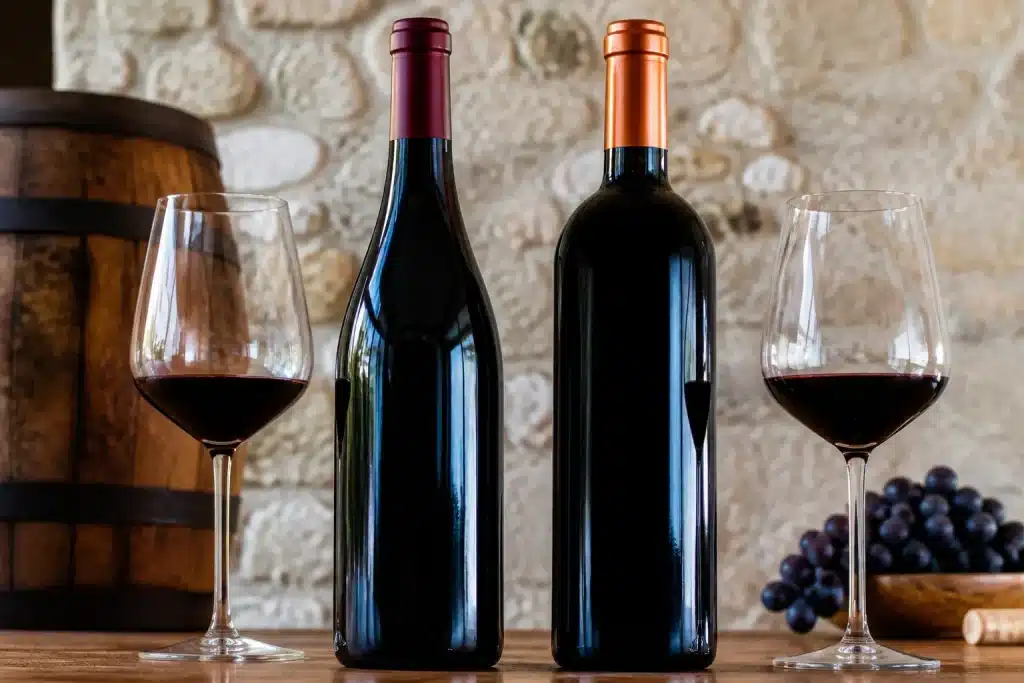 Bottiglie vino francese e argentino confrontate fianco a fianco