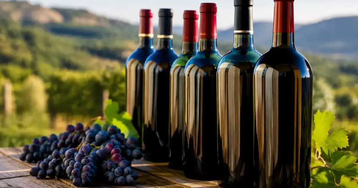 Bottiglie di vino rosso italiano disposte in fila su tavolo legno