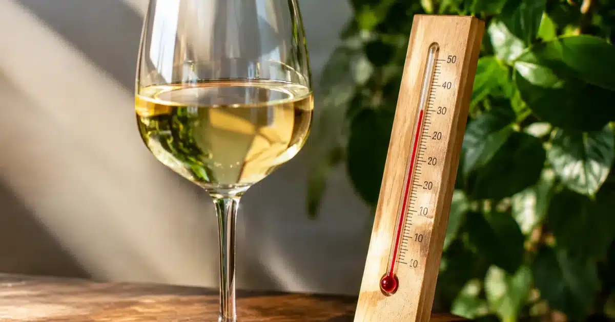 Bicchiere di vino bianco leggero posizionato accanto a termometro in salita