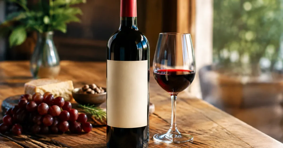 Bottiglia di vino rosso con etichetta su tavolo di legno
