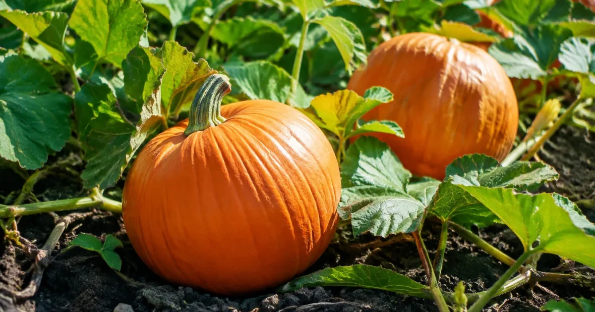Pianta di zucca con frutti arancioni appoggiati al suolo fertile