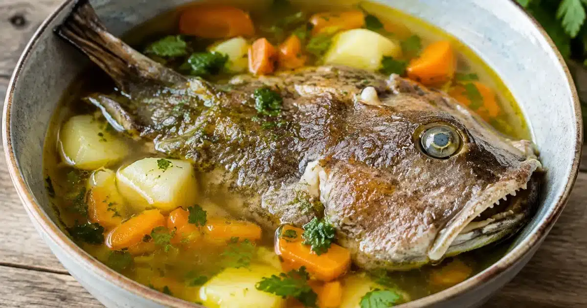 Ciotola di zuppa con rana pescatrice intera galleggiante in superficie