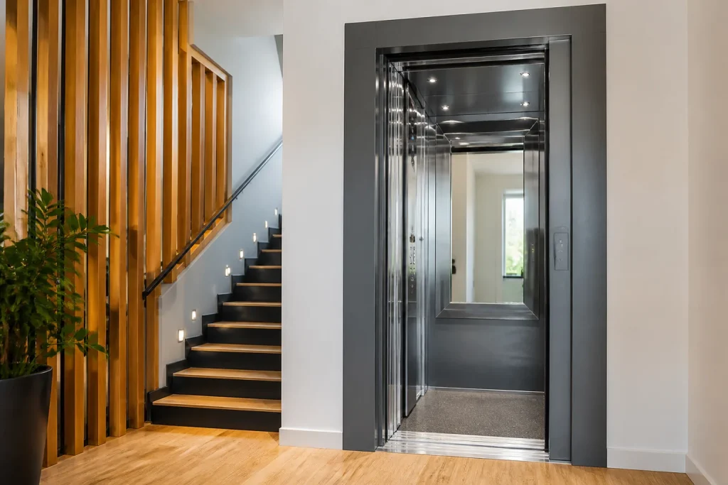 Ascensore compatto interno grigio accanto gradini