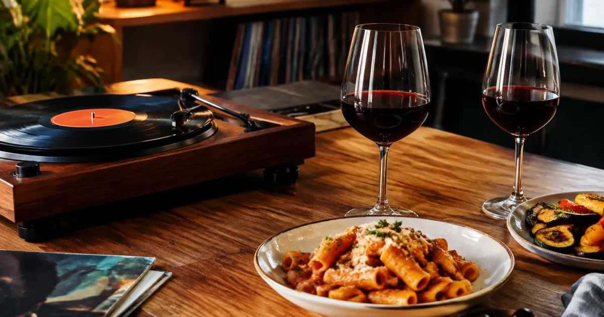 Tavolo bar con giradischi, calici vino e piatti caldi