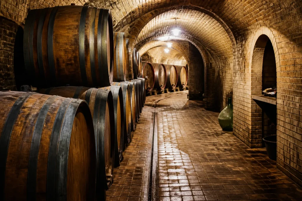 Barili pieni di vino in cantina italiana