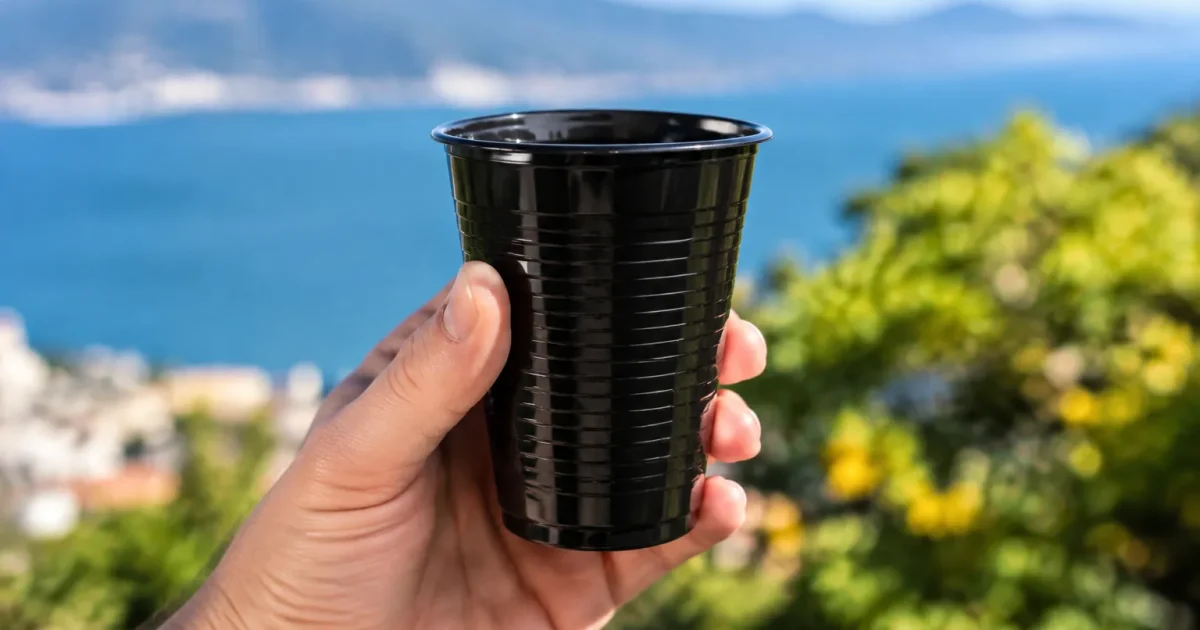 Mano regge bicchiere plastica monouso nero senza coperchio