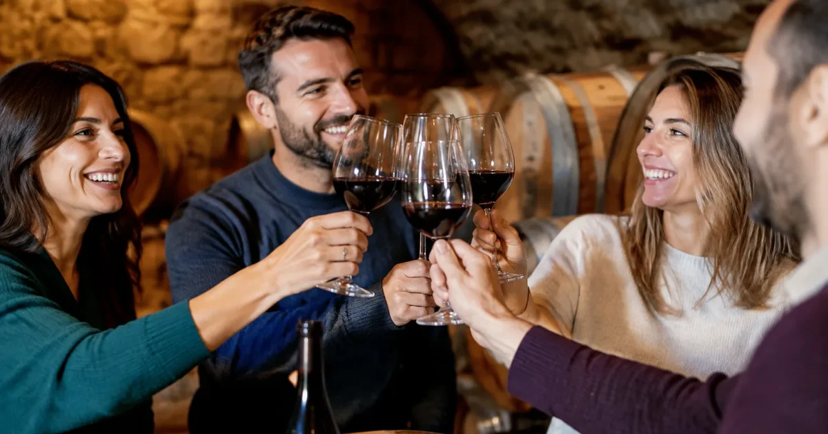 Ospiti sollevano bicchieri vino durante degustazione nelle cantine