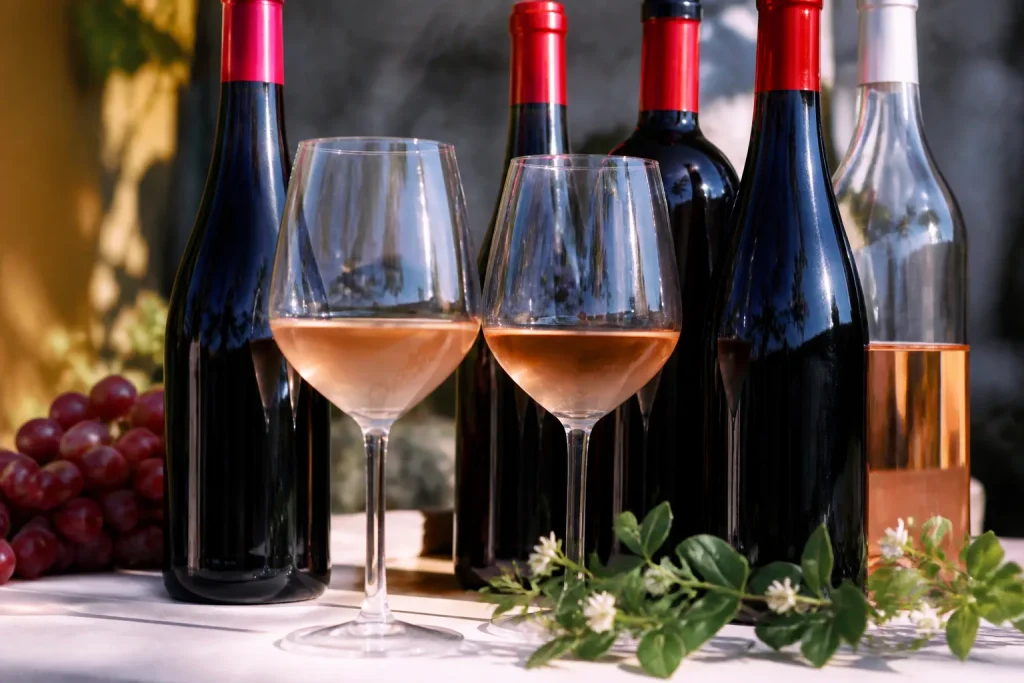 Bicchieri di vino rosa pallido con bottiglie rosse