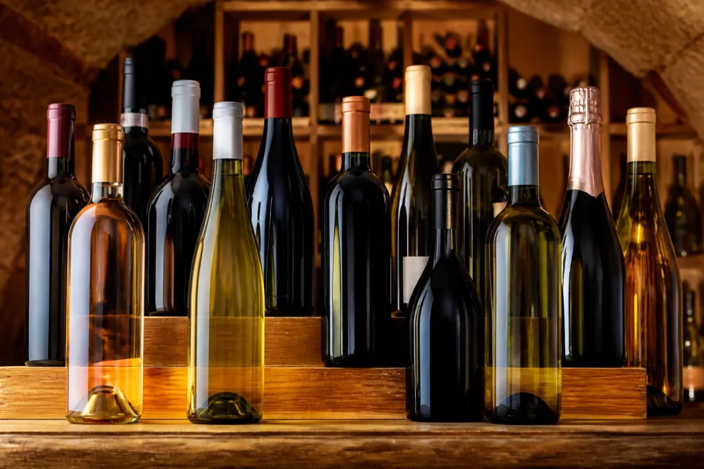 Bottiglie di vino da diverse regioni italiane esposte