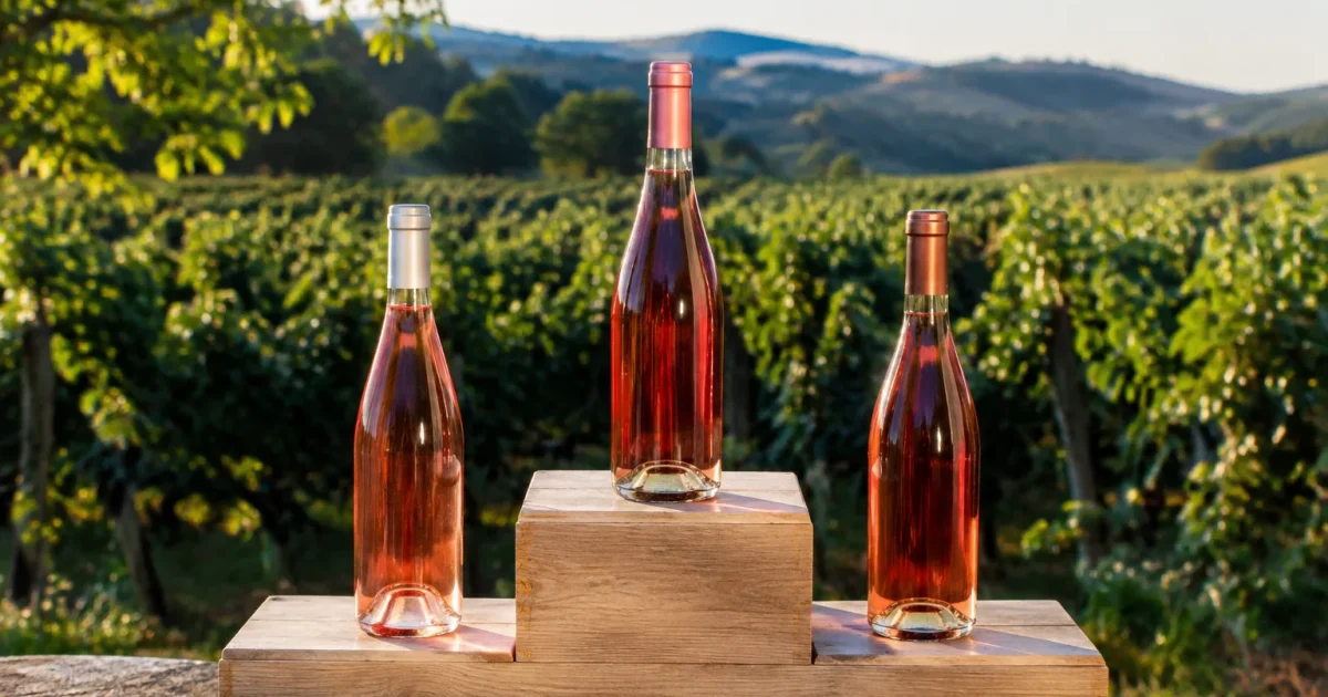 Bottiglie di vino rosato sui tre gradini del podio