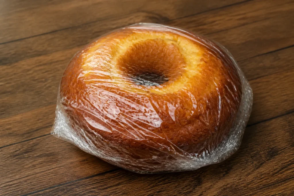 Ciambella avvolta in pellicola trasparente sopra tavolo