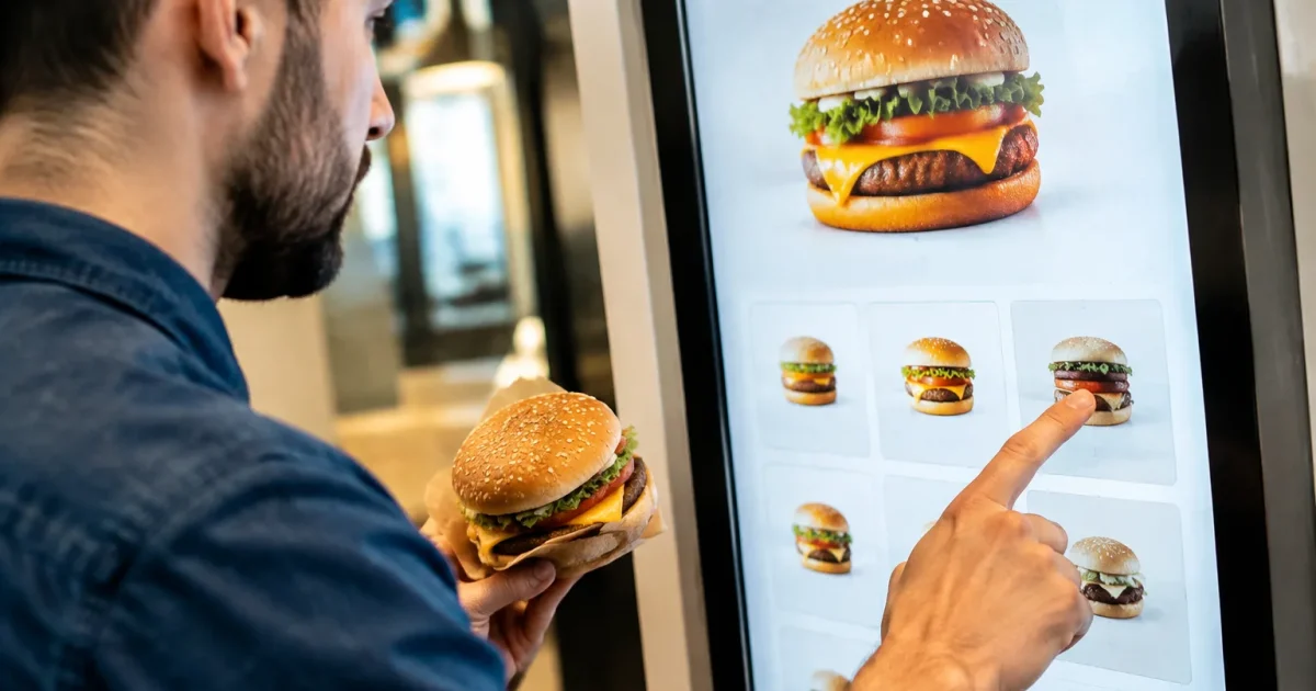 Cliente tocca schermo seleziona importo hamburger in mano