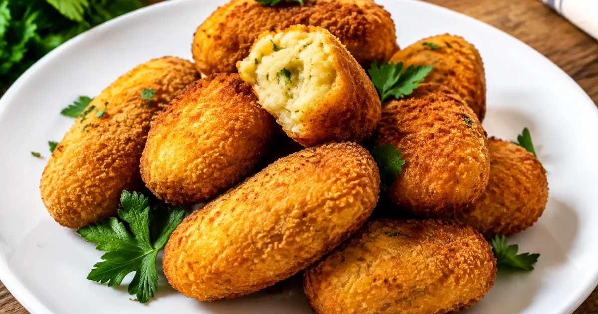Crocchette dorate croccanti su piatto bianco