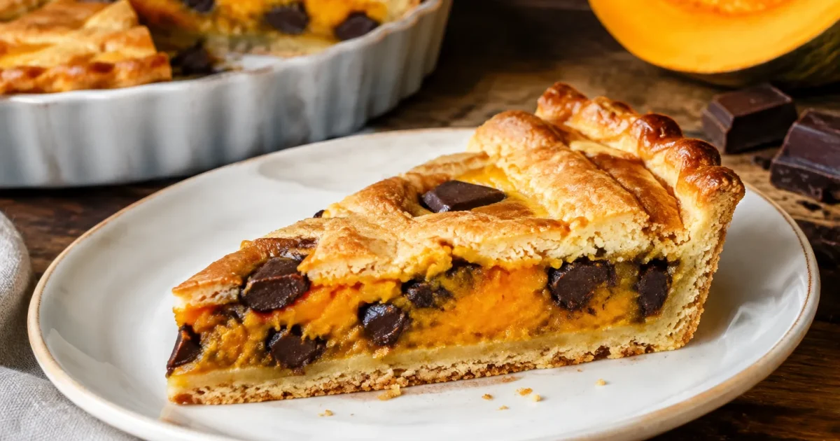 Fetta di crostata dorata con ripieno zucca e cioccolato