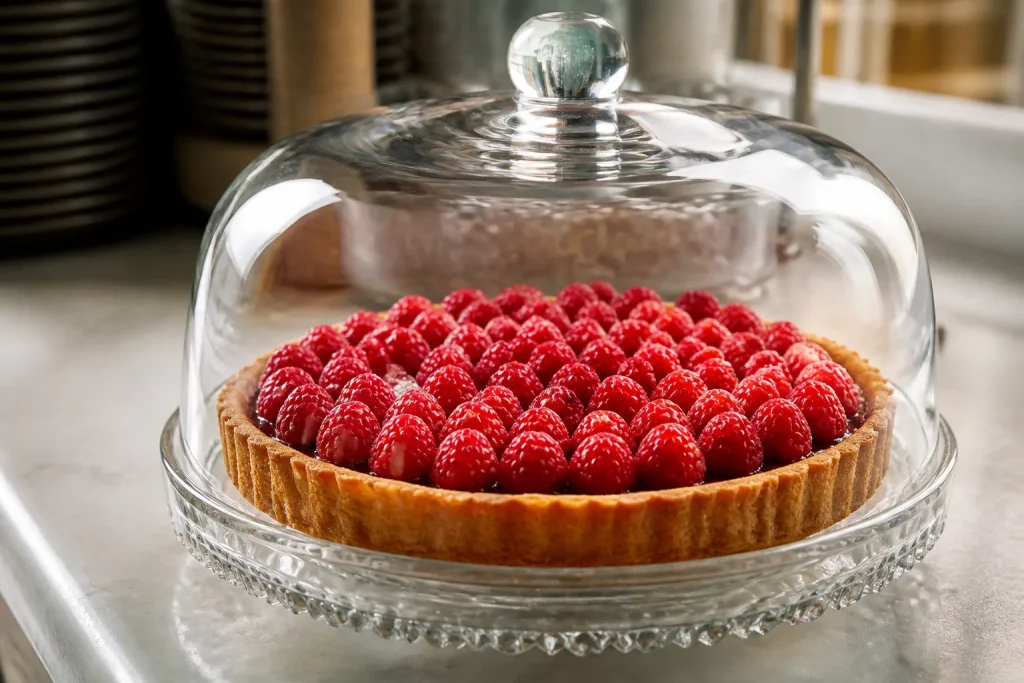 Crostata ai lamponi sotto campana di vetro