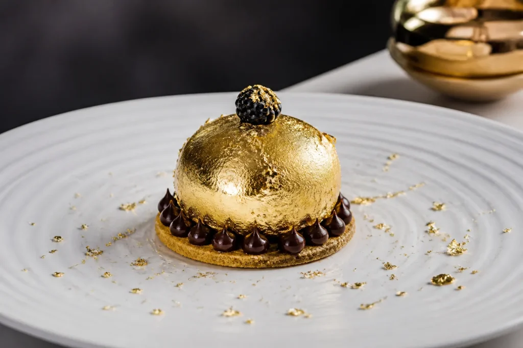 Piatto con dolce gourmet decorato in oro