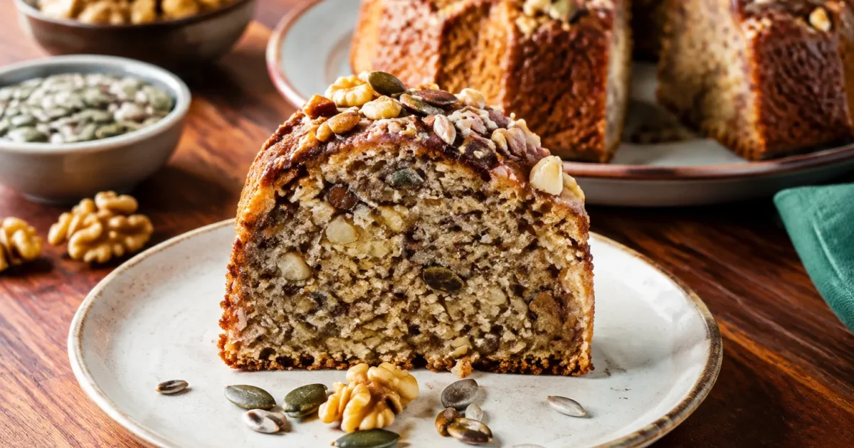 Fetta di dolce anellato mostra noci, semi e ingredienti