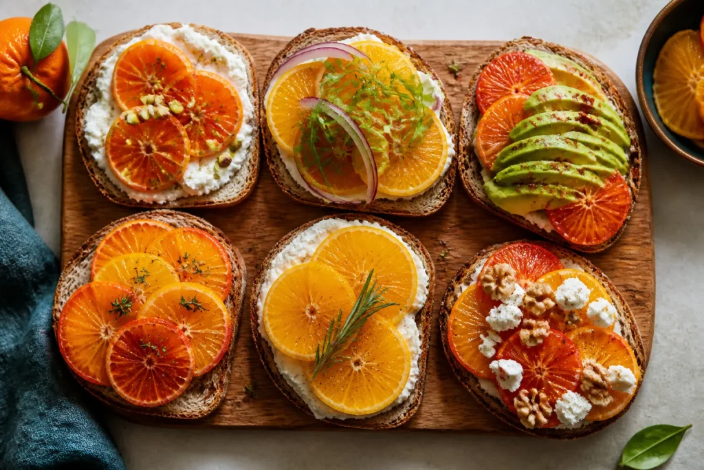 Fette tostate con frutti arancioni e condimenti diversi