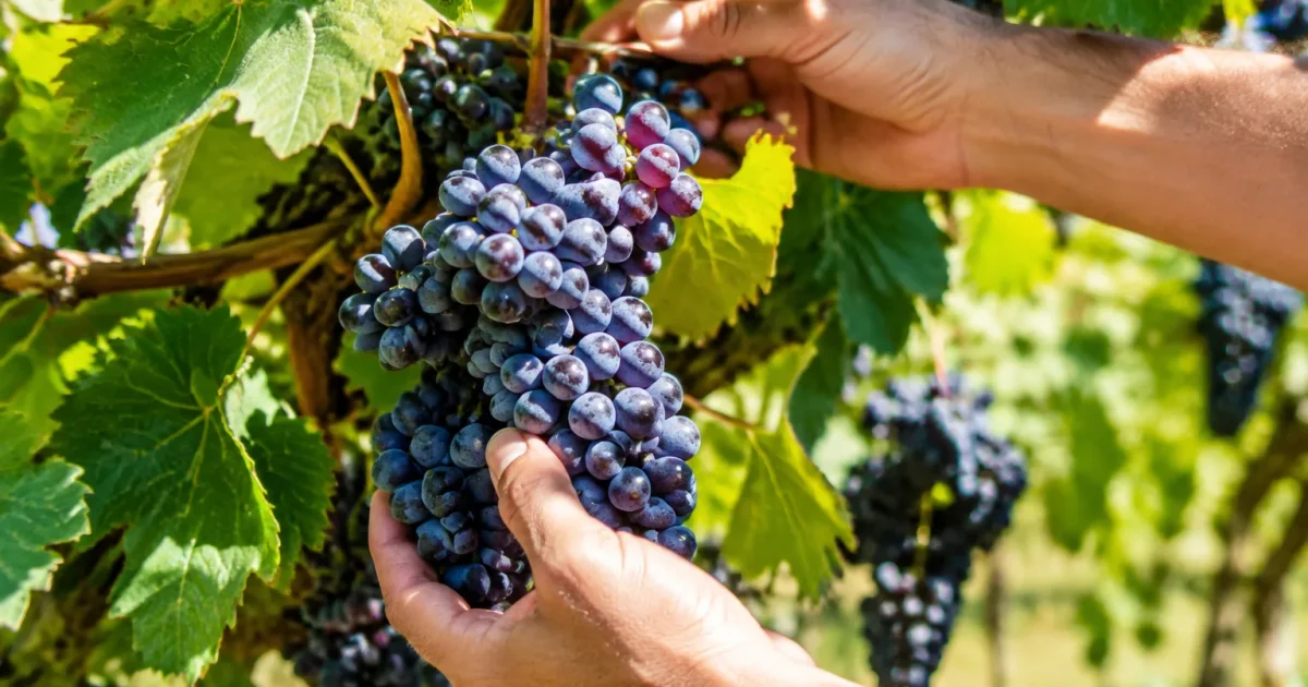 Mani raccolgono grappoli di uva matura dai rami