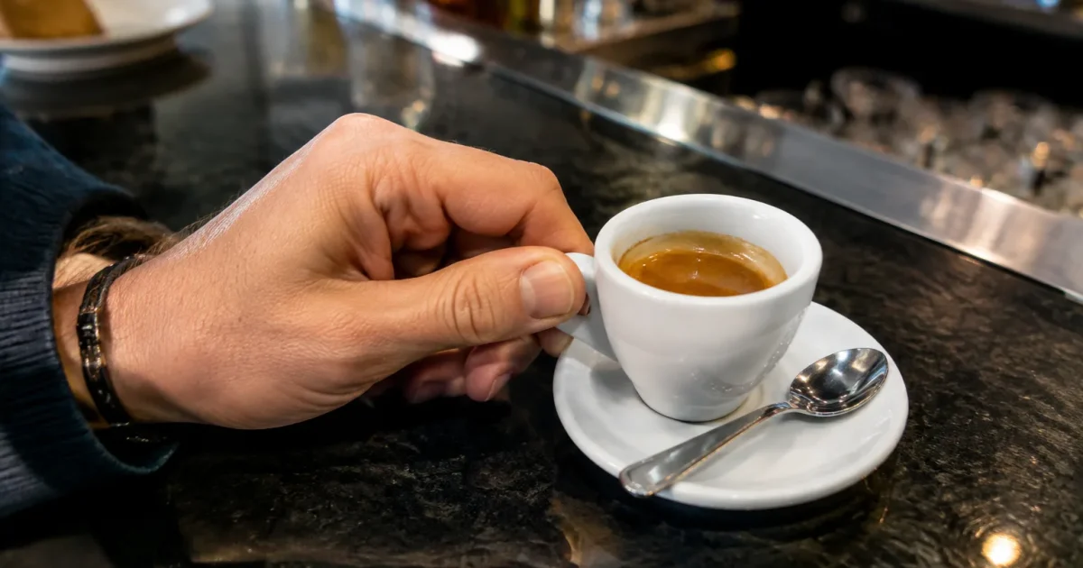 Mano sorregge tazzina caffe al bancone bar