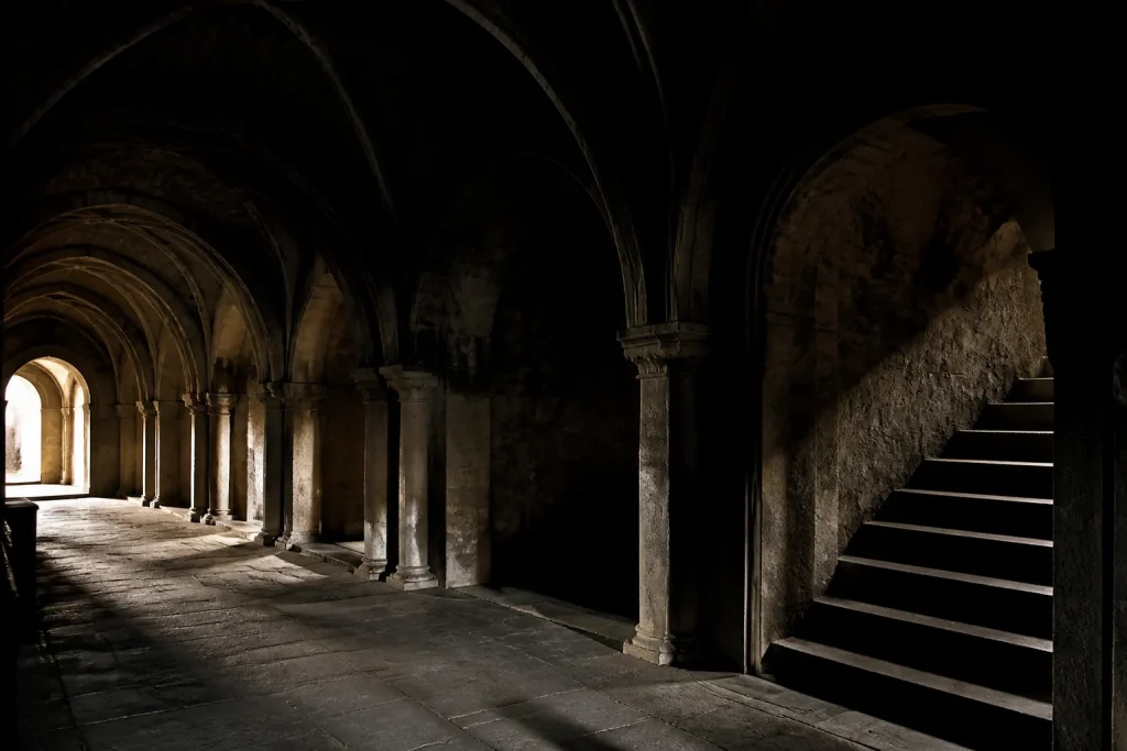 Marche scure con ombre profonde e penombra