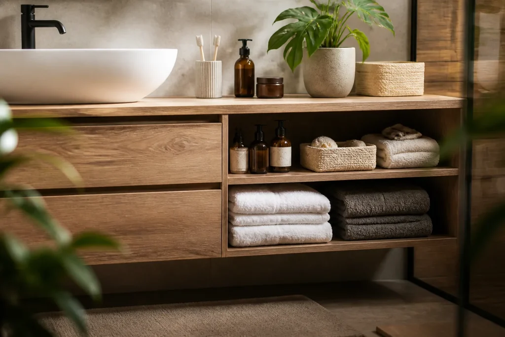 Mobile bagno con asciugamani e prodotti organizzati