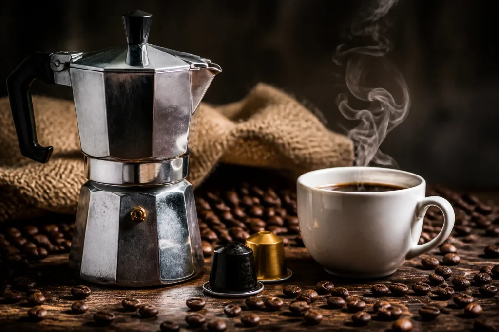 Moka, capsule e tazza di caffe fumante